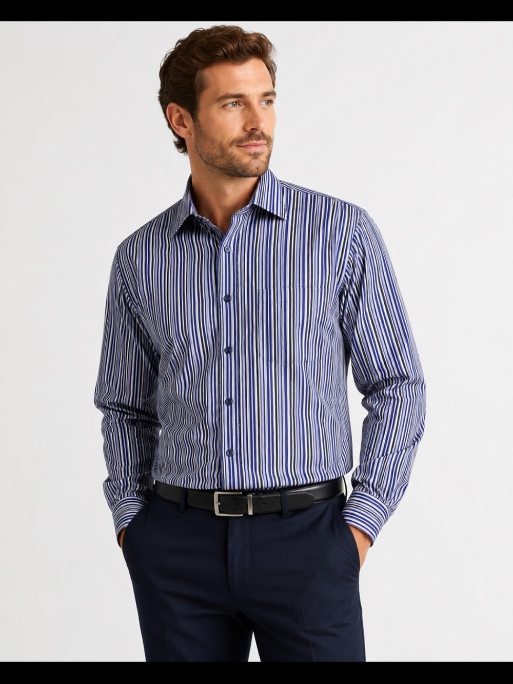 Neiman Marcus Men’s Striped Button 
Down Dress Shirt Blue White Long Sleeve
